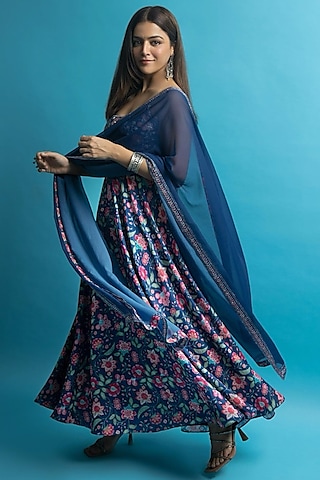 Blue French Crepe Printed & Embroidered Anarkali Set by Krishna Padia