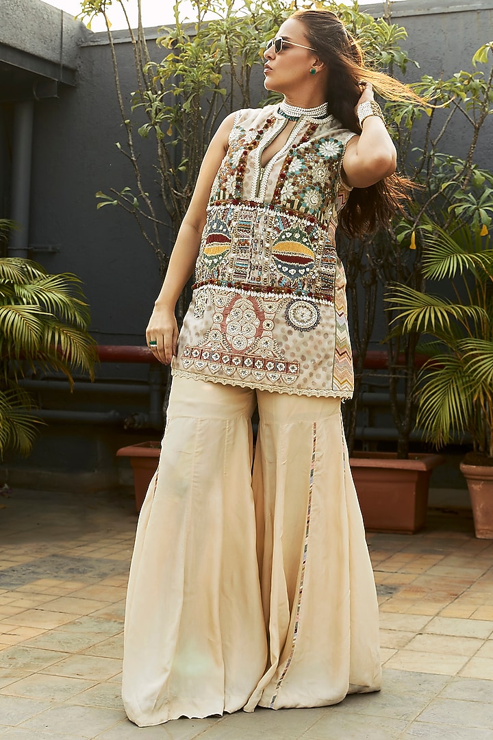 Ivory Natural Crepe Wedding Sharara Set by ASEEM KAPOOR at Pernia's Pop Up Shop
