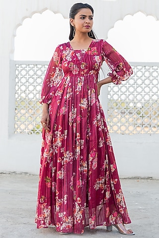 Burgundy Floral Printed Gown by Kohsh