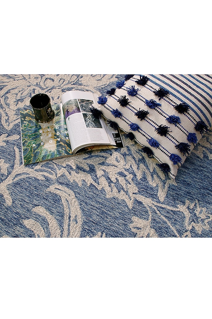 Cobalt Blue Hand-Tufted Rug With Monochromatic Floral Motifs by The blue knot at Pernia's Pop Up Shop