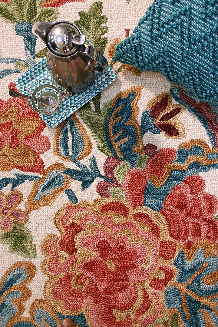 Ivory Hand-Tufted Rug With Multi-Colored Floral Motifs by The blue knot at Pernia's Pop Up Shop