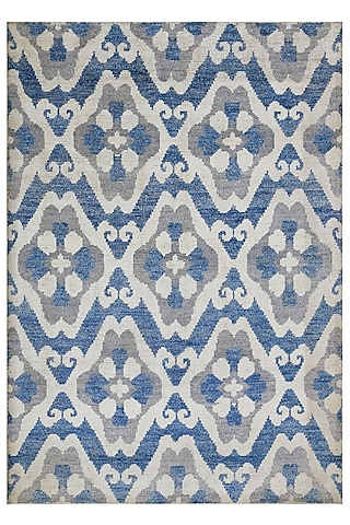 Cobalt Blue & Cream Hand-Knotted Rug In Wool by The blue knot