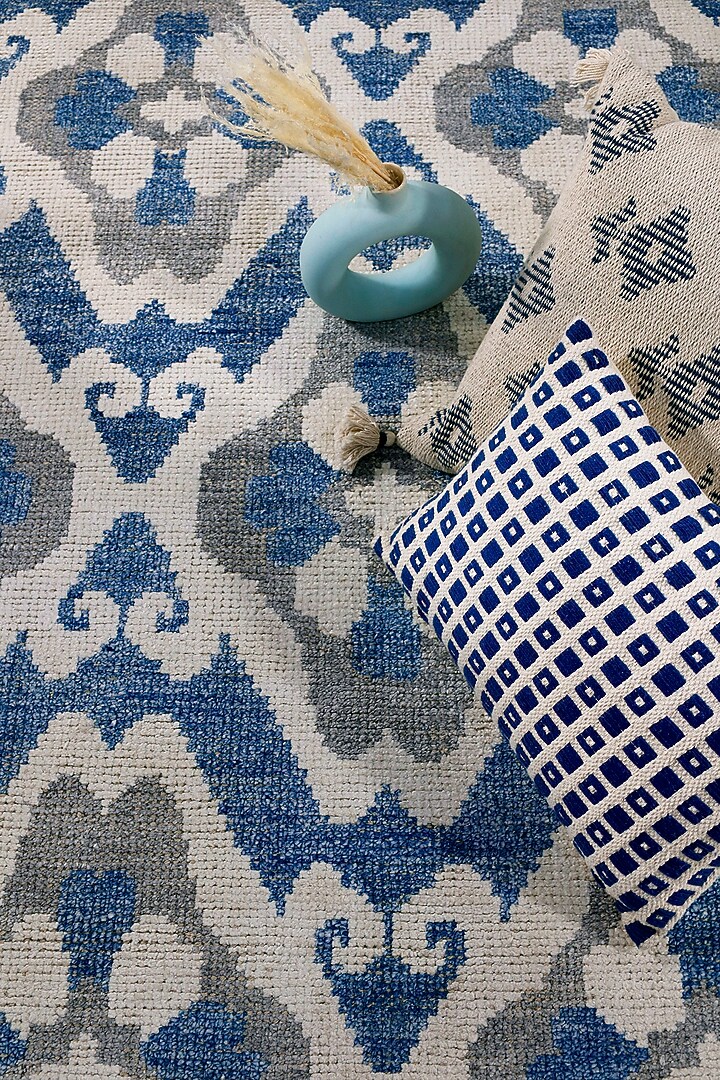 Cobalt Blue & Cream Hand-Knotted Rug In Wool by The blue knot at Pernia's Pop Up Shop