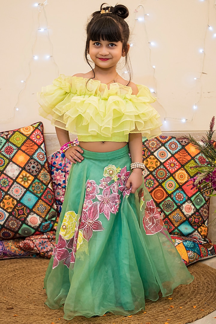 Jade Green Hand Painted Lehenga Set For Girls by Offspring Closet at Pernia's Pop Up Shop