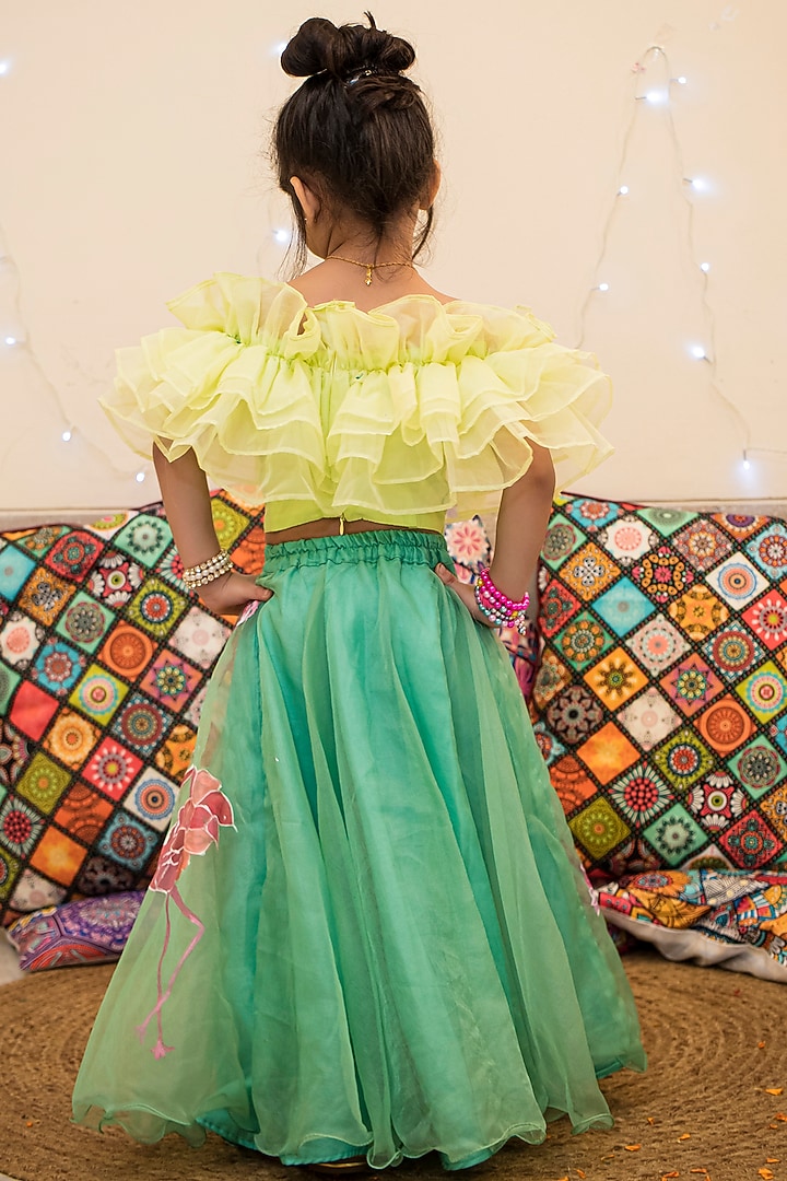 Jade Green Hand Painted Lehenga Set For Girls by Offspring Closet at Pernia's Pop Up Shop