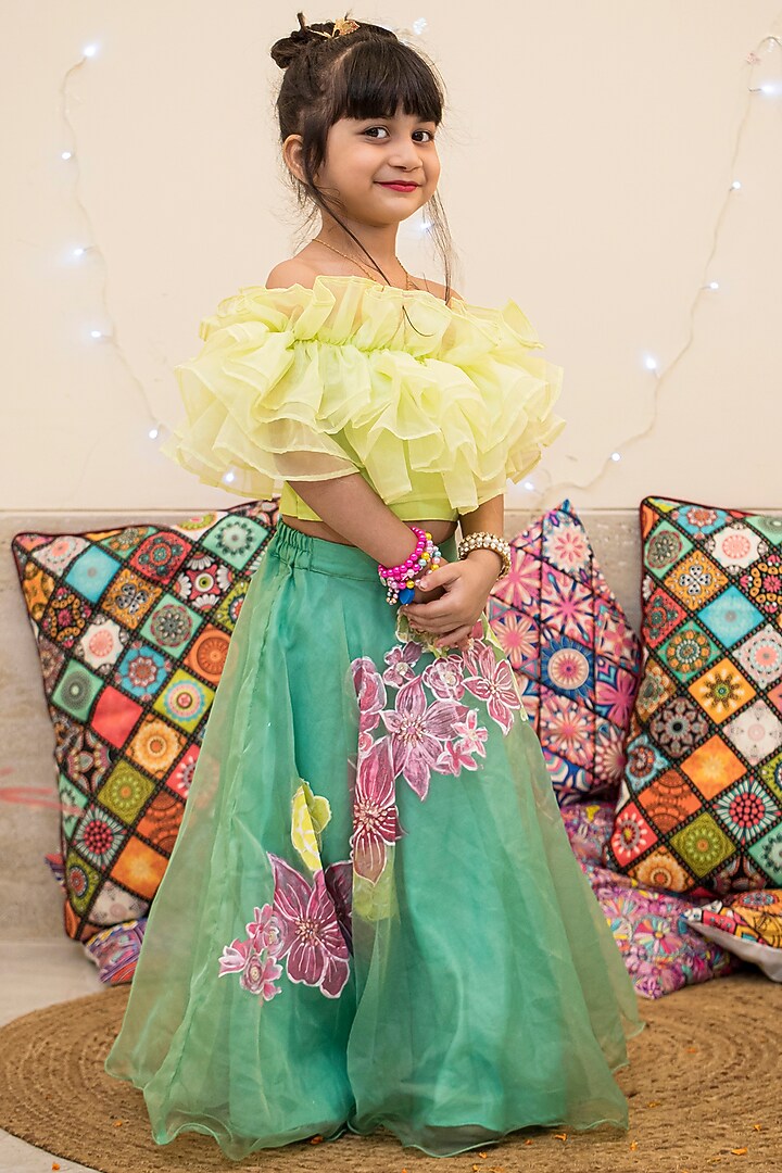 Jade Green Hand Painted Lehenga Set For Girls by Offspring Closet at Pernia's Pop Up Shop