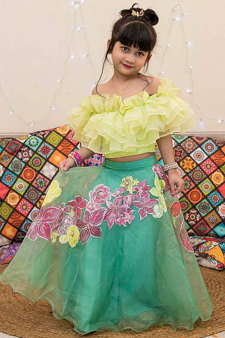 Jade Green Hand Painted Lehenga Set For Girls by Offspring Closet at Pernia's Pop Up Shop
