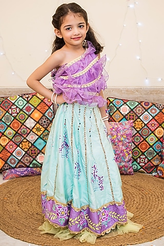 Multi-Coloured Hand Embroidered Lehenga Set For Girls by Offspring Closet