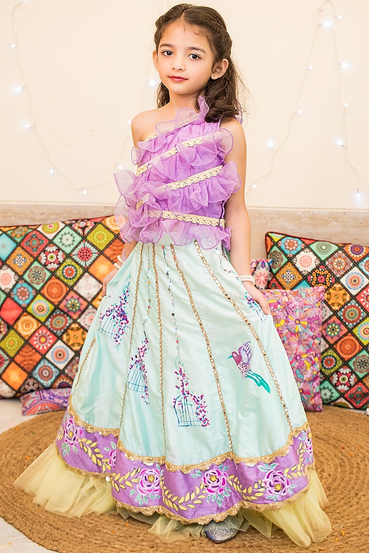 Multi-Coloured Hand Embroidered Lehenga Set For Girls by Offspring Closet at Pernia's Pop Up Shop