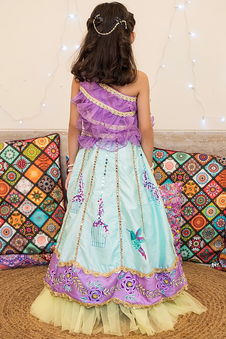 Multi-Coloured Hand Embroidered Lehenga Set For Girls by Offspring Closet at Pernia's Pop Up Shop