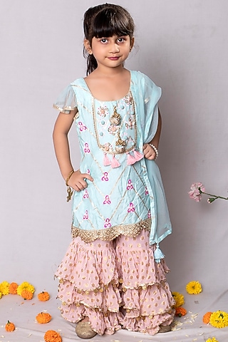 Salmon Pink Cotton Blend Gharara Set For Girls by Offspring Closet