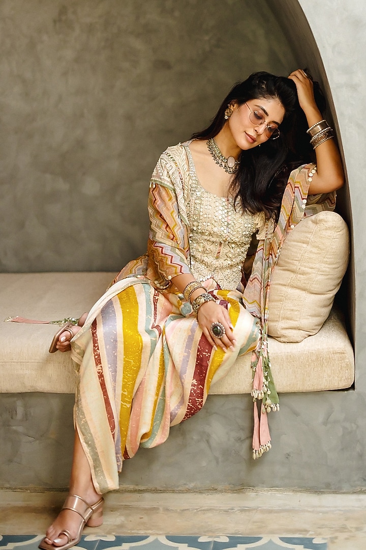 Multi-Colored Sheer Silk Printed & Embroidered Jacket Set by ASEEM KAPOOR at Pernia's Pop Up Shop