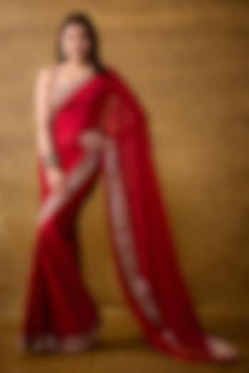 Red Georgette Mirror Embroidered Wedding Saree Set by GOPI VAID at Pernia's Pop Up Shop