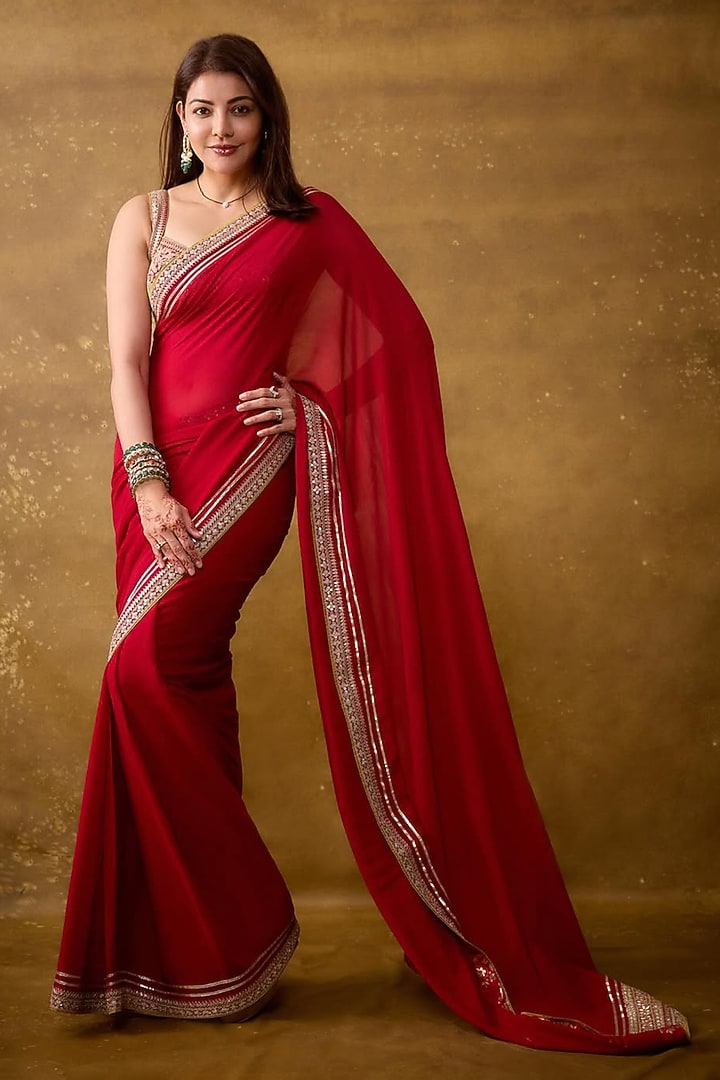 Red Georgette Mirror Embroidered Wedding Saree Set by GOPI VAID at Pernia's Pop Up Shop