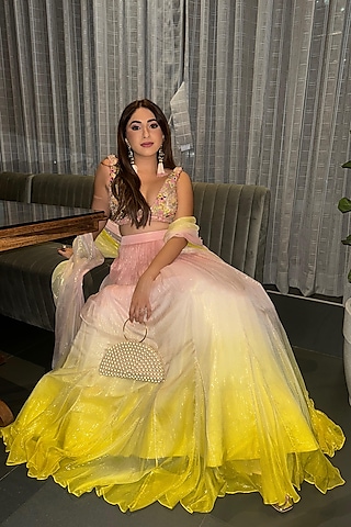 Pink & Yellow Ombre Shimmer Chiffon Lehenga Set by Monika Nidhee