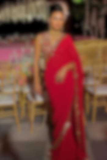 Red Georgette Cutwork Embroidered Pre-Stitched Reception Saree Set by Tamanna Punjabi Kapoor at Pernia's Pop Up Shop