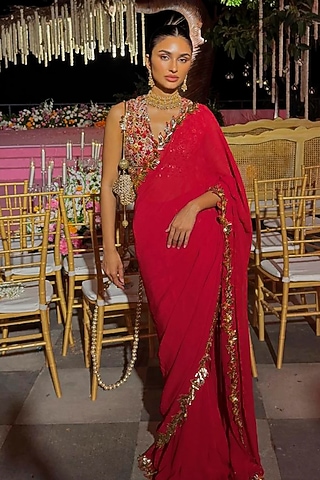 Red Georgette Cutwork Embroidered Pre-Stitched Saree Set by Tamanna Punjabi Kapoor