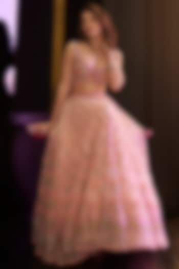 Pink Tulle & Silk Organza Resham Floral Embellished Bridal lehenga for 22 Lehenga Set by TUHINA SRIVASTAVA at Pernia's Pop Up Shop