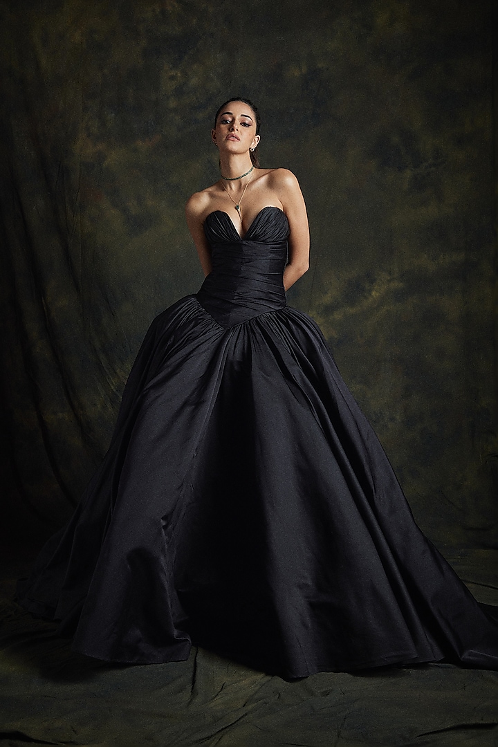 Black Duchess Satin Strapless Bridal Gown by Gauri And Nainika at Pernia's Pop Up Shop
