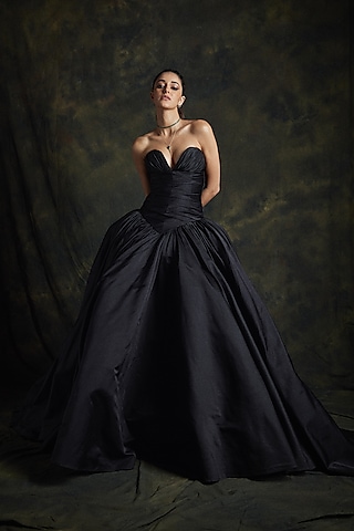 Black Duchess Satin Strapless Gown by Gauri And Nainika