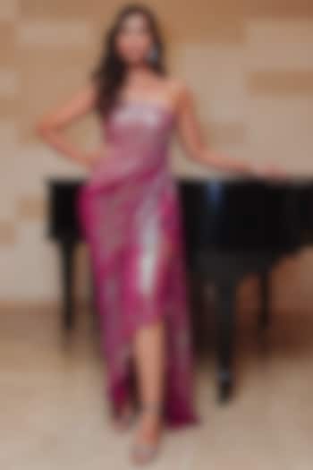 Magenta & Pink Stretch Knit Foil Draped Party Wear Gown by CHAM CHAM at Pernia's Pop Up Shop