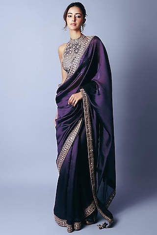 Baigani Silk Organza Embroidered Saree Set by Punit Balana
