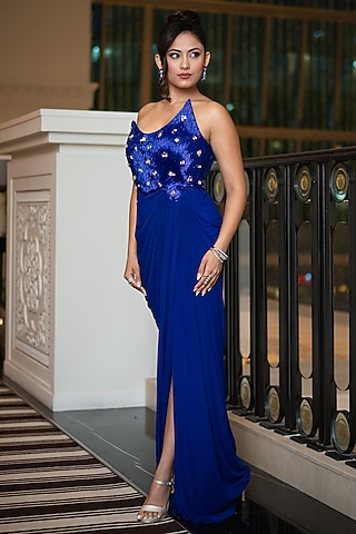Electric Blue Lycra Mesh Swarovski Embroidered Gown by Vesture