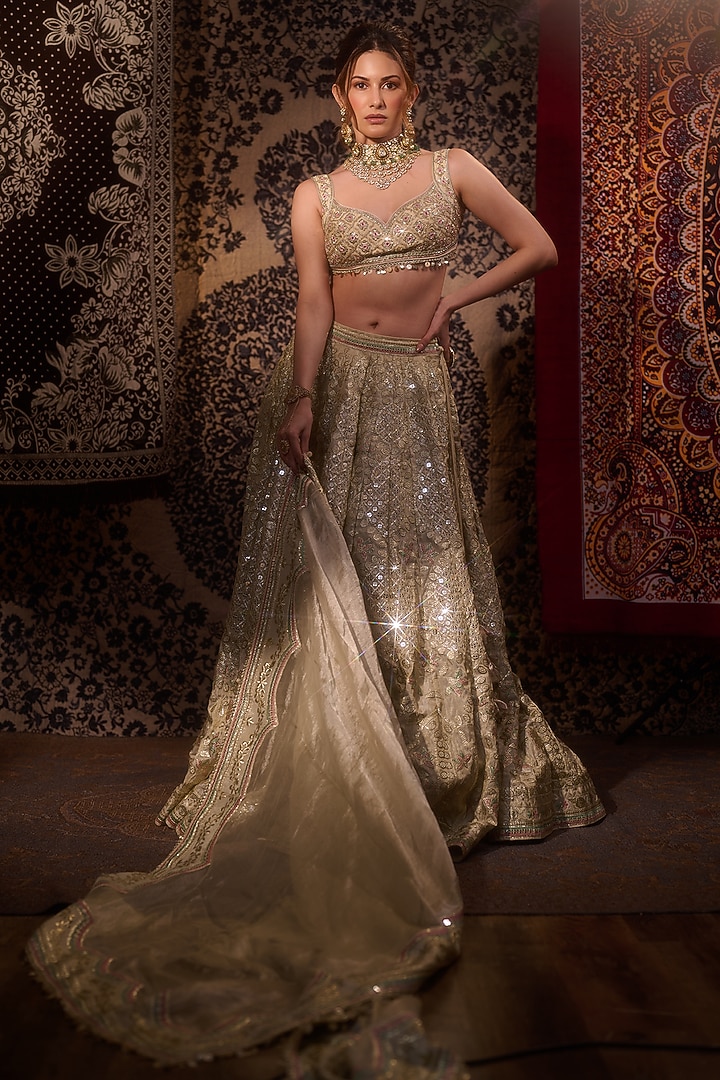 Golden Tussar Mirror Embroidered Bridal Lehenga Set by Gopi Vaid at Pernia's Pop Up Shop