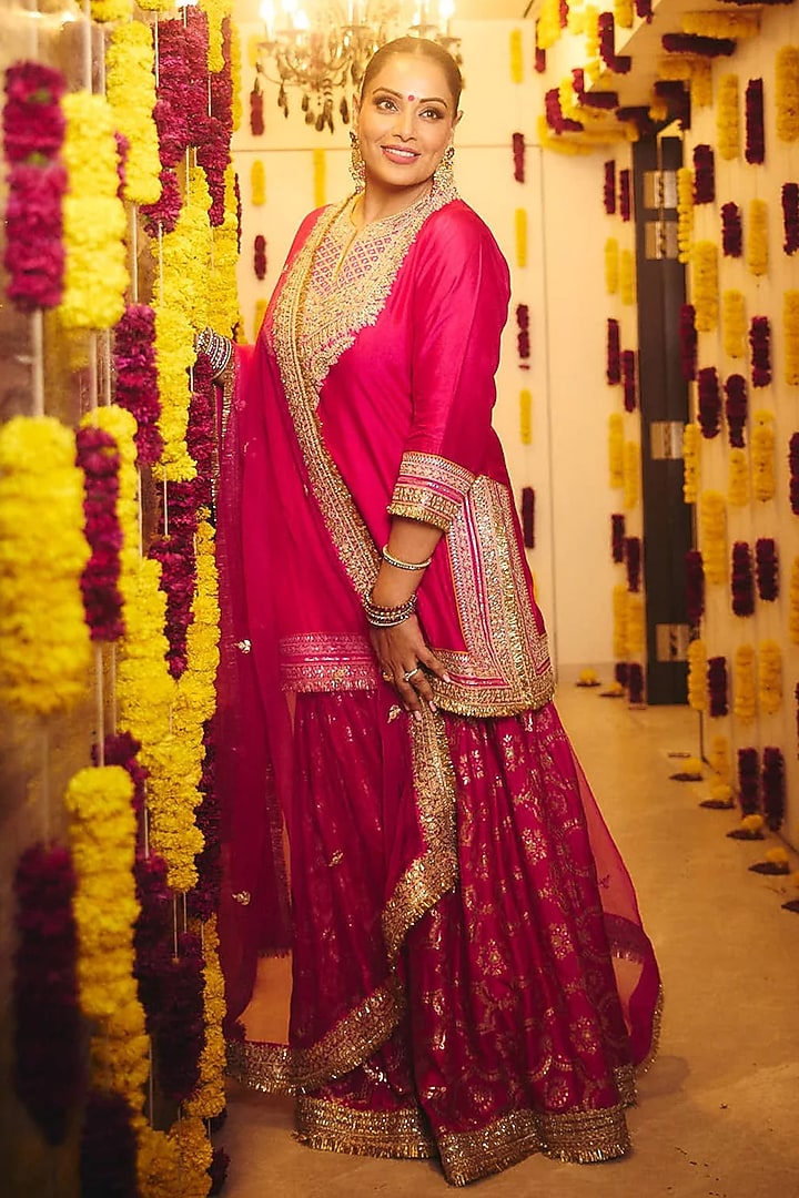 Pink Tussar Embroidered Wedding Sharara Set by GOPI VAID at Pernia's Pop Up Shop
