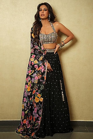 Black Georgette Lehenga Set by Chamee and Palak