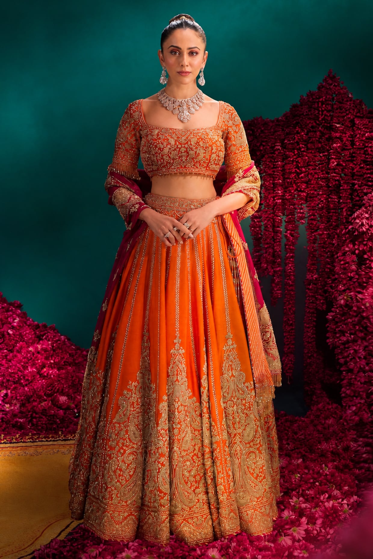 Sheetal Batra Orange Pure Raw Silk Zardosi Hand Embroidered Bridal Lehenga Set