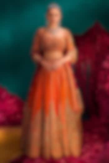 Orange Pure Raw Silk Zardosi Hand Embroidered Bridal Bridal Lehenga Set by Sheetal Batra at Pernia's Pop Up Shop