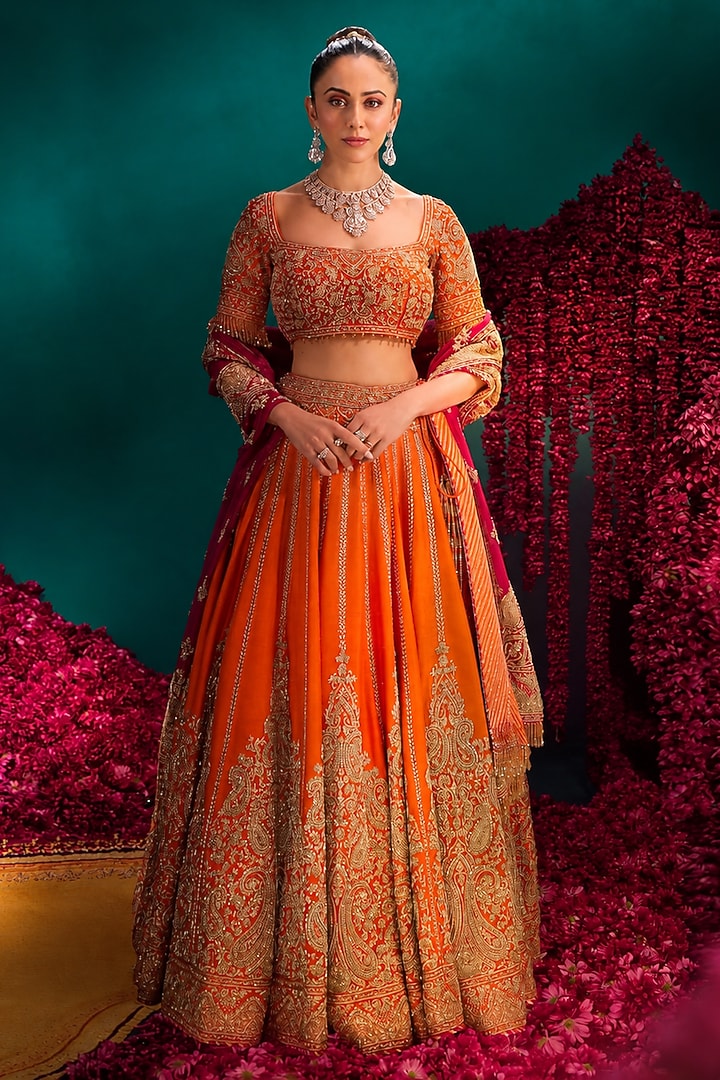 Orange Pure Raw Silk Zardosi Hand Embroidered Bridal Bridal Lehenga Set by Sheetal Batra at Pernia's Pop Up Shop