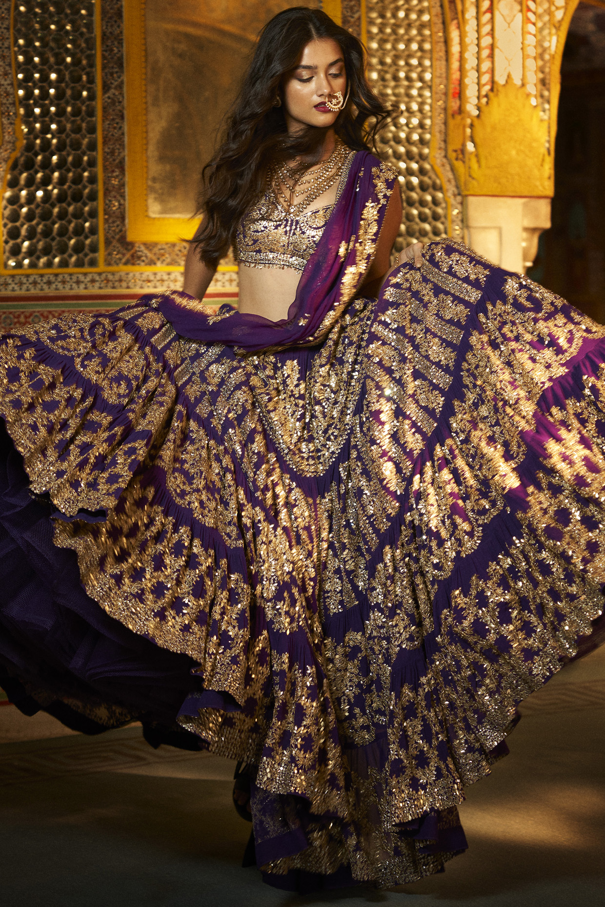 Purple Georgette Gota Patti Embroidered Tiered Bridal Lehenga Set by Seema Gujral at Pernia's Pop Up Shop