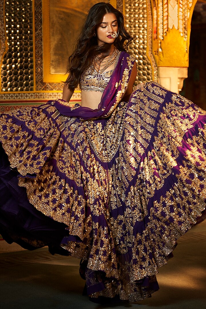 Purple Georgette Gota Patti Embroidered Tiered Bridal Lehenga Set by Seema Gujral at Pernia's Pop Up Shop