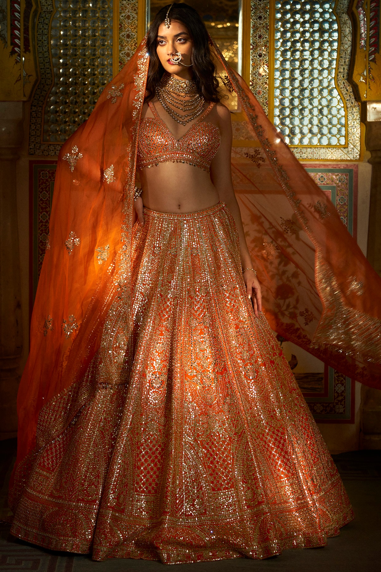 Multi-Coloured Panelled Lehenga with Mirror Embroidered Blouse and Sequin  Details - Seasons India