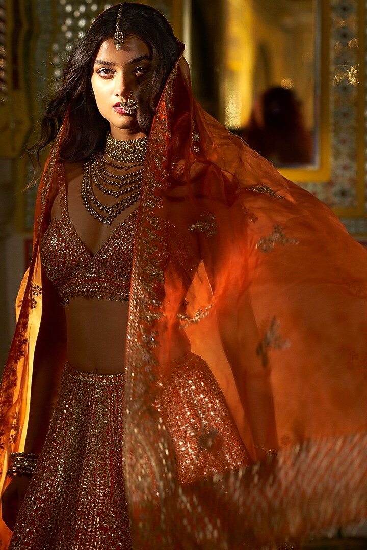 Bright Orange Raw Silk Gota Patti Embroidered Bridal Lehenga Set by Seema Gujral at Pernia's Pop Up Shop