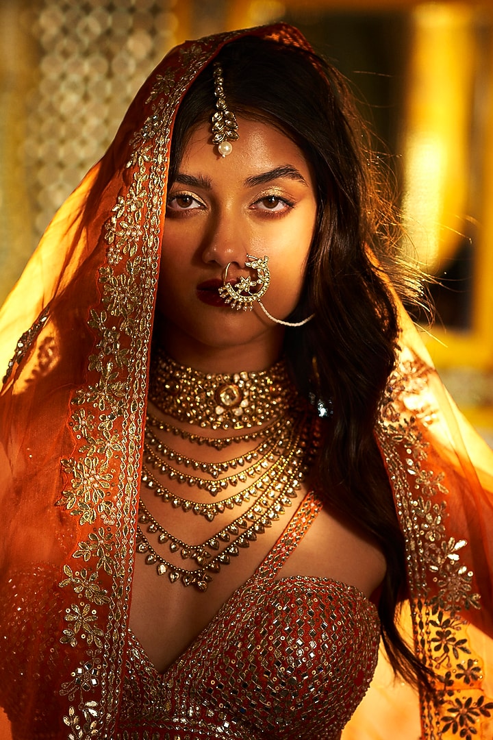 Bright Orange Raw Silk Gota Patti Embroidered Bridal Lehenga Set by Seema Gujral at Pernia's Pop Up Shop