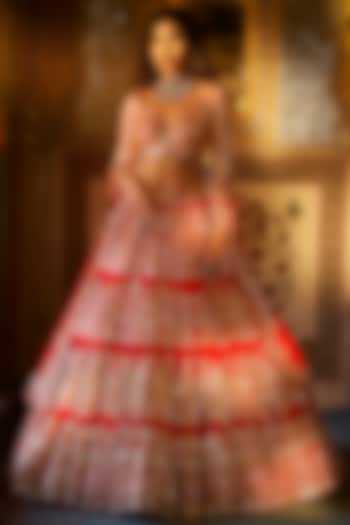 Red Georgette Gota Patti Embroidered Tiered Bridal Lehenga Set by Seema Gujral at Pernia's Pop Up Shop