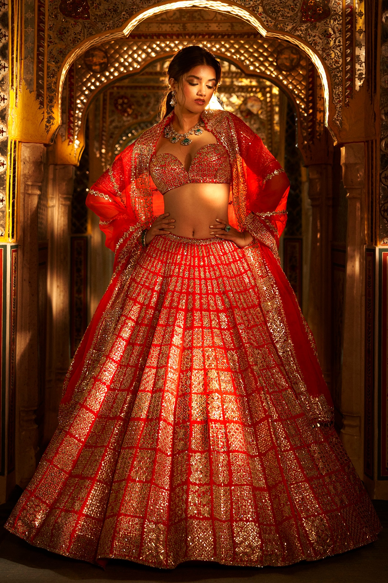 Buy Red Crepe Silk Applique V Neck Floral Bridal Lehenga Set For Women by  Rohini Bedi Online at Aza Fashions.