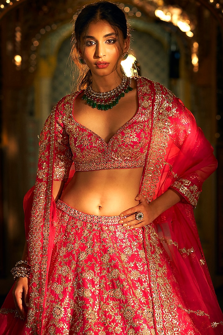 Pink Raw Silk Gota Patti Embroidered Bridal Lehenga Set by Seema Gujral at Pernia's Pop Up Shop