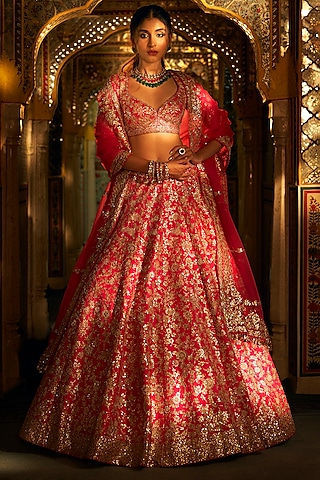 Pink Raw Silk Gota Patti Embroidered Lehenga Set by Seema Gujral