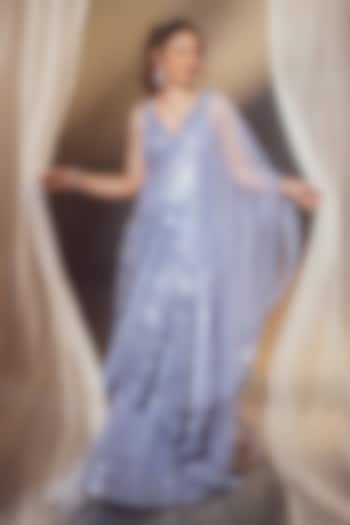 Blue Net Mirror Embroidered Bridal Sharara Set by Seema Gujral at Pernia's Pop Up Shop