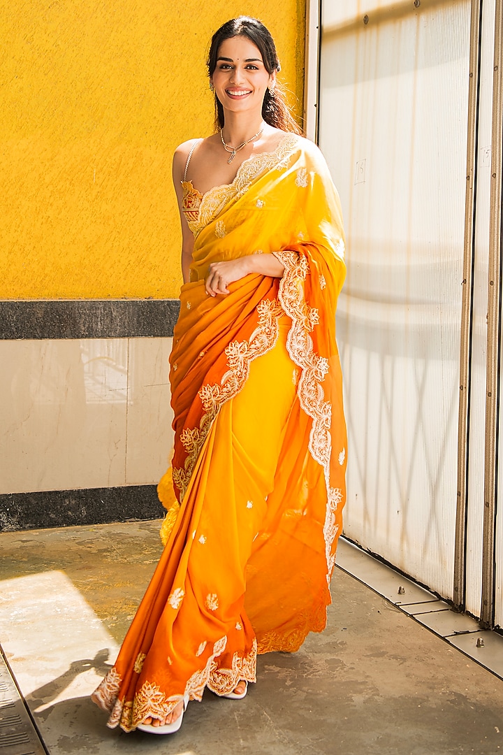 Yellow Ombre Organza Dori Hand Embroidered Scalloped Wedding Saree by TORANI at Pernia's Pop Up Shop