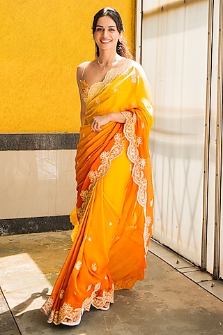 Yellow Ombre Organza Dori Hand Embroidered Scalloped Saree by TORANI