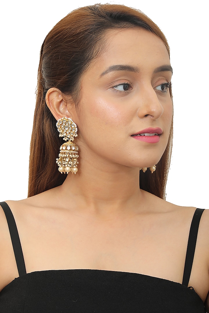 Gold Plated Sea Green Beaded Earrings by Riana Jewellery