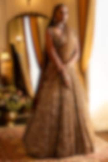Antique Gold Organza Sequins Embroidered Bridal Lehenga Set by Seema Gujral at Pernia's Pop Up Shop