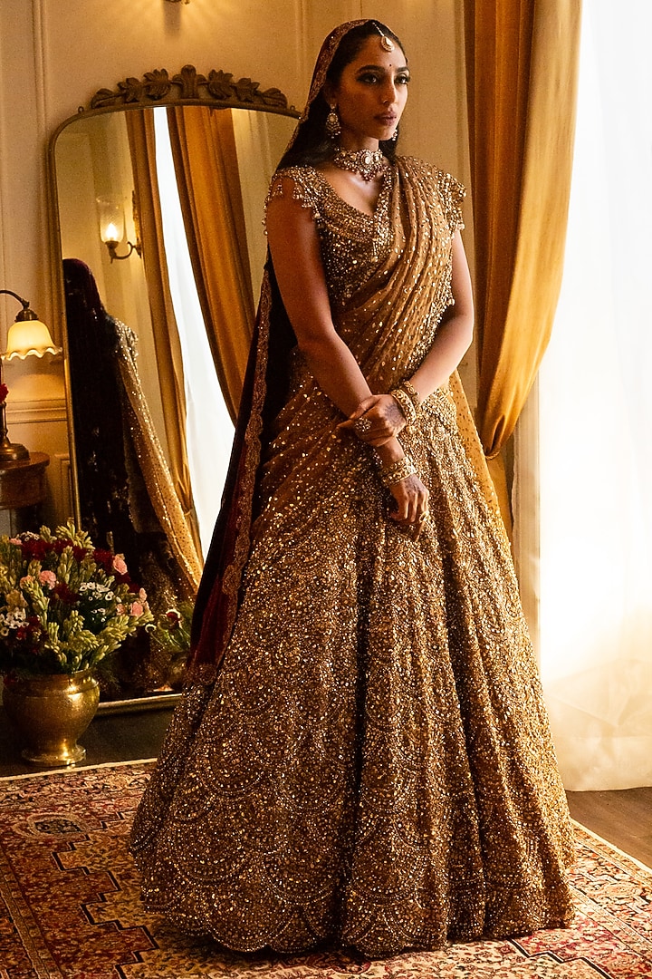 Antique Gold Organza Sequins Embroidered Bridal Lehenga Set by Seema Gujral at Pernia's Pop Up Shop