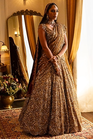 Antique Gold Organza Sequins Embroidered Lehenga Set by Seema Gujral
