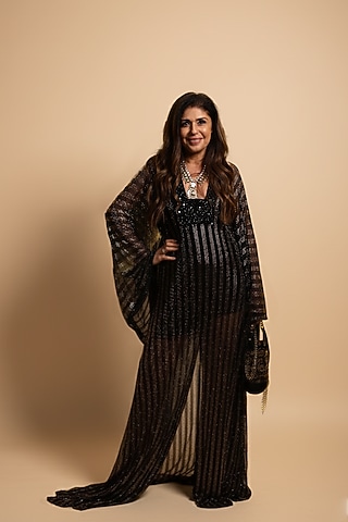 Black & Gold Net Embellished Kaftan Set by ITRH